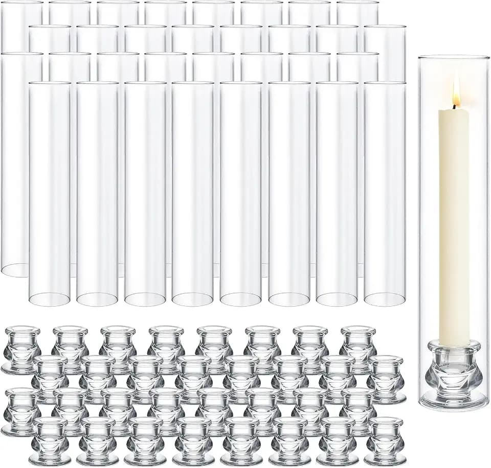 32 Set Clear Glass Hurricane Candle Holders, 12.5" Open Ended Bottomless Windproof Cylinder & 2.1" Taper Candlestick Holders for Wedding Party Home Hotel Decor