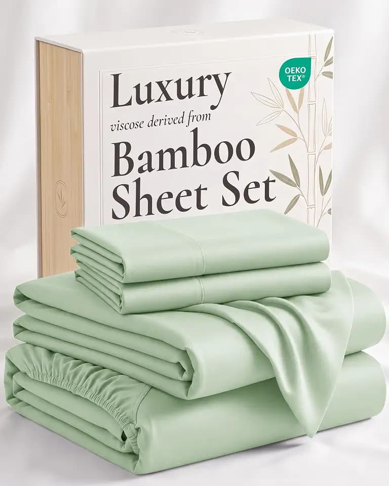 Hotel Sheets Direct 4 Piece Bed Sheet Set Queen Size, 100% Viscose Derived from Bamboo Sheets Set with 2 Pillowcases, Cooling & Breathable Luxury Bedding, Moisture-Wicking & Silky Soft, Light Green