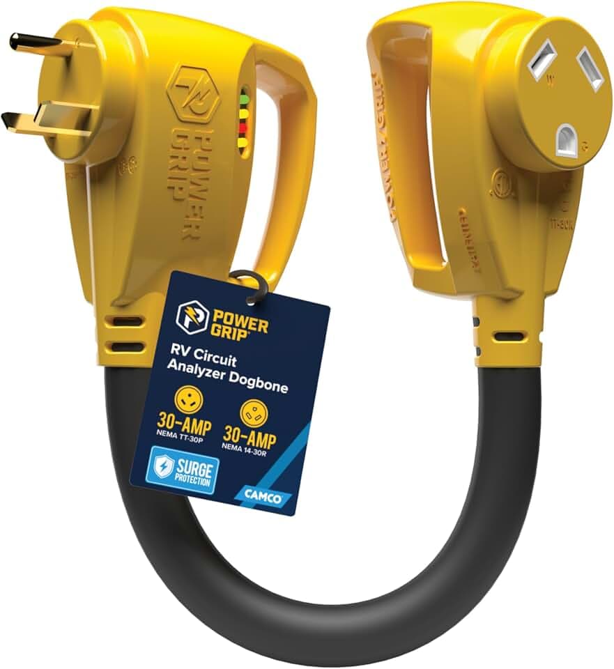 Camco Power Grip RV 30-Amp Circuit Analyzer Dogbone - Features Integrated Surge Protection & Fault Indication - 18", 30-Amp Male to 30-Amp Female RV Electrical Adapter, 125V/3750W (55463)