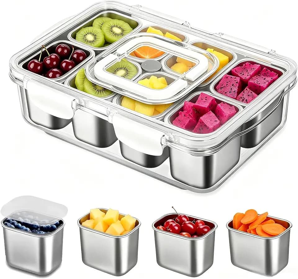 Snackbox mit 8 Edelstahl Fächern, Tragbare Snack Aufbewahrungsbox mit Deckel und Griff, auslaufsicherer Snack Organizer für Obst, Nüsse, Gemüse, Kekse – BPA-frei, ideal für Picknick & unterwegs