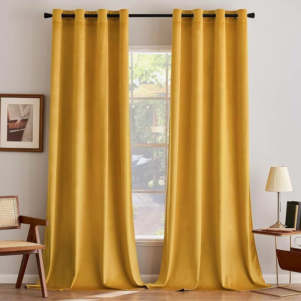 MIULEE Samtvorhang mit Ösen, Vorhänge Blickdicht 140x225 cm Senfgelb, 2er