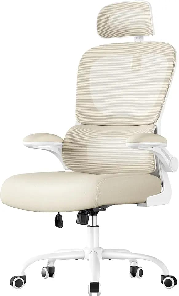 SONGMICS Bürostuhl, Schreibtischstuhl, ergonomischer Netzstuhl, mit doppellagigem Netzgewebe, atmungsaktiv, Adaptive Lendenstütze, verstellbare Kopfstütze, für Homeoffice, sandbeige OBN041L01