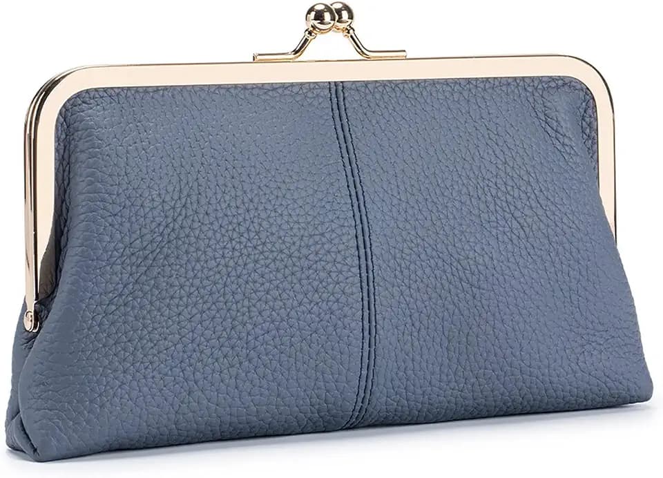Vintage Kiss Lock Leather Wallet for Women, Clutch, Blue
