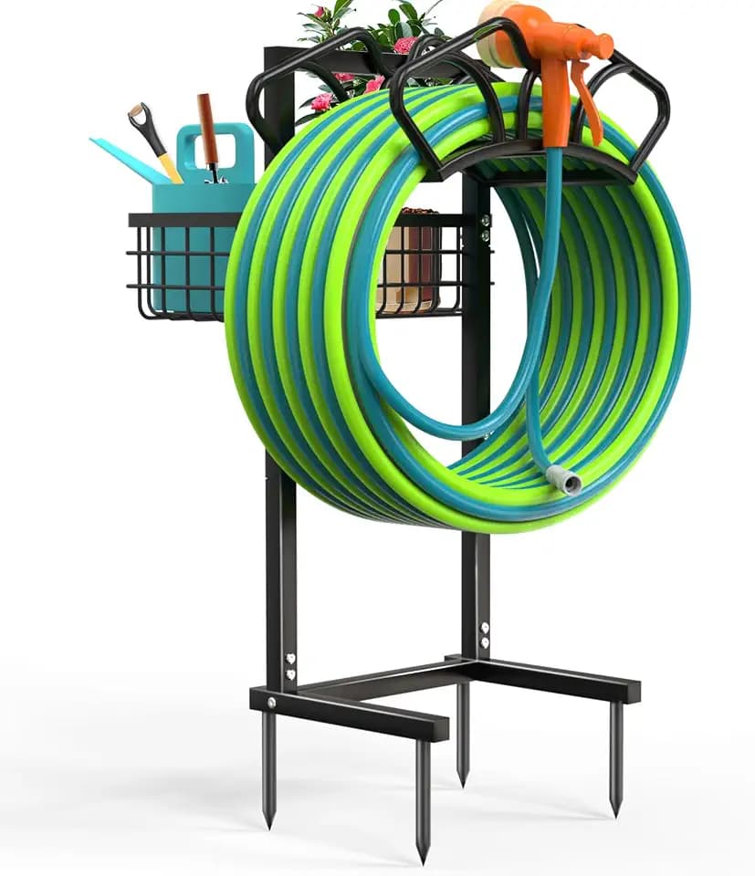 Qatsrin Garden Hose Holder with Large Basket, Heavy Duty Hose Reel, Black
