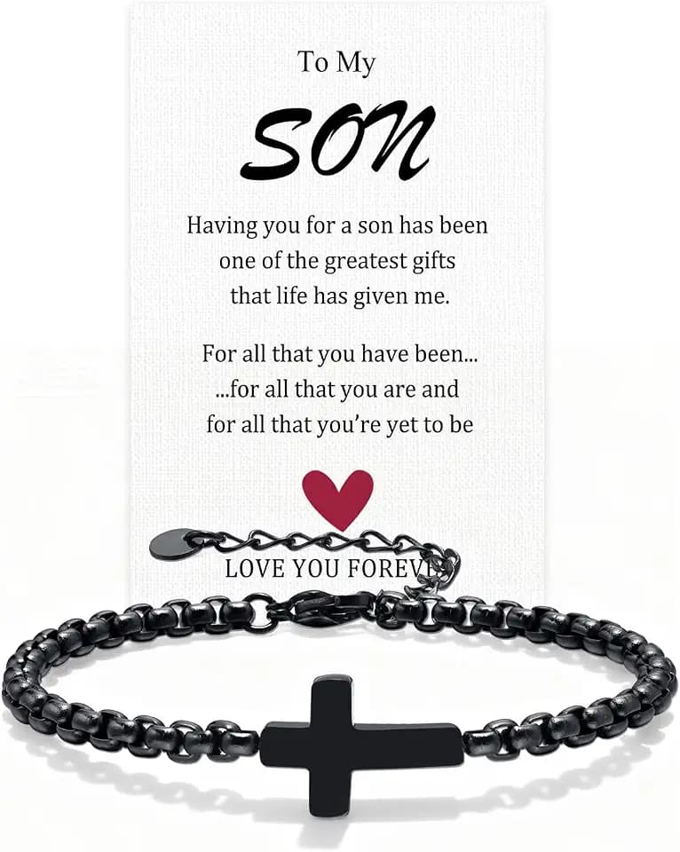 FLHEART Gift for Men Cross Chain Bracelets for Men Women, Black Stainless Steel Cross Charms Link Men's Bracelet, Faith Religious Easter Catholic Christian God Jesus Communion Baptism Jewelry Gift