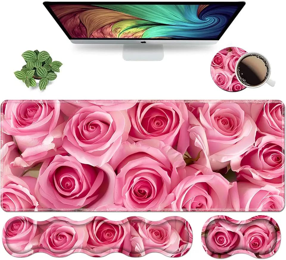 Ergonomic Keyboard Wrist Rest and Mouse Pad Wrist Rest Set, Large XXL Gaming Mousepad 31.5"x 11.8", Memory Foam, Easy Typing Pain Relief, Multifunctional Desk Mat for Office & Home, Pink Roses