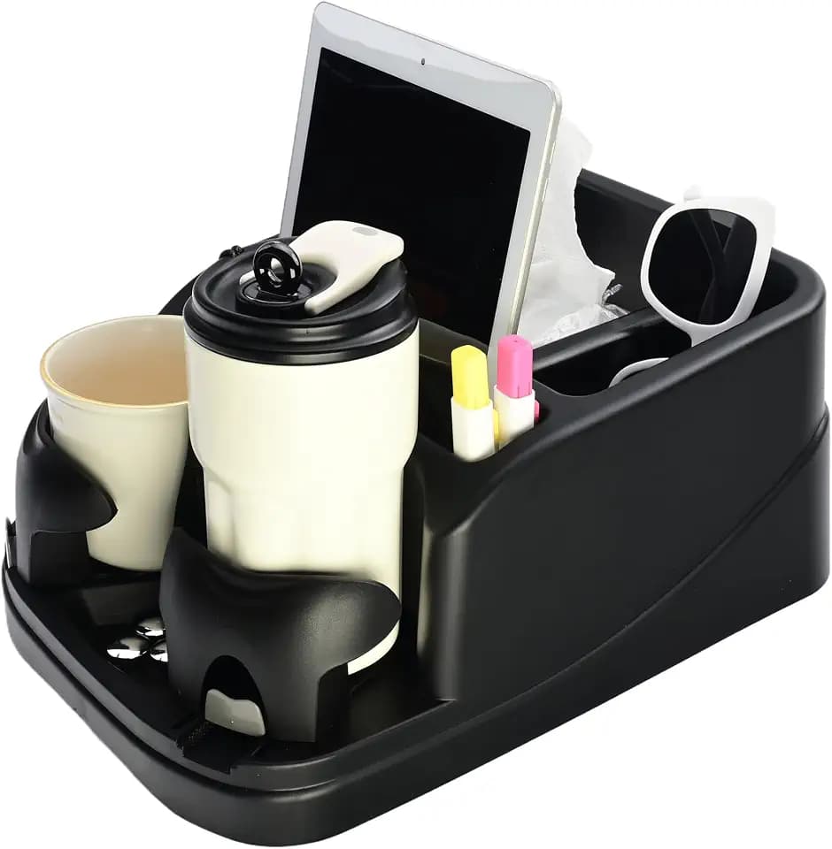 Car Console Organizer, Car Seat Organizer with 2 Adjustable Cup Holders, Center Console for Cars, Trucks, Minivans, SUVs, Vehicle Organizer, 3 Large Storage Compartment (Black)