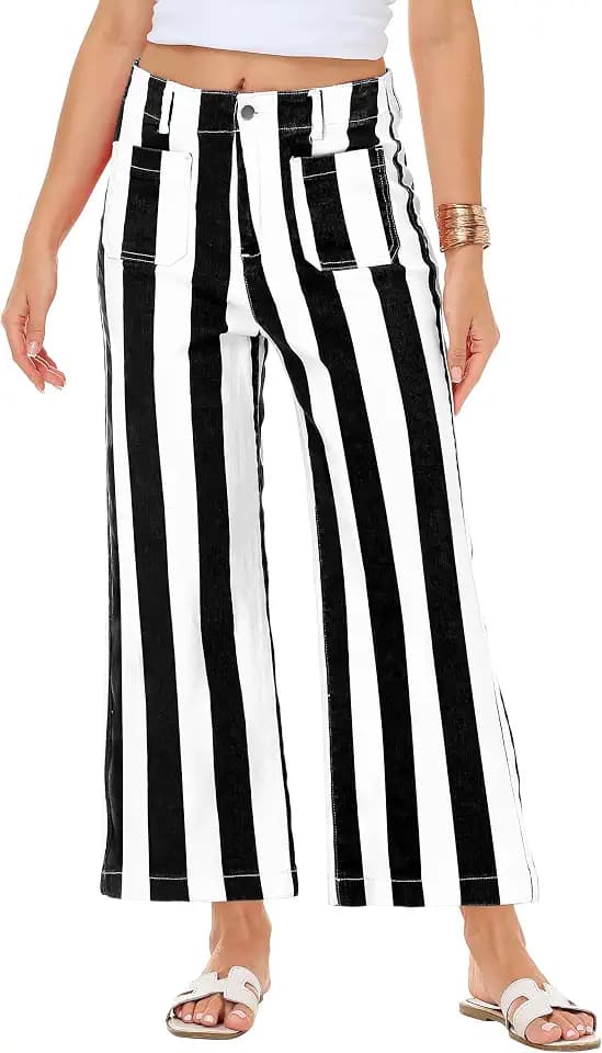 Women Striped Jeans Stretchy Cropped Vertical Denim Pants with Pockets