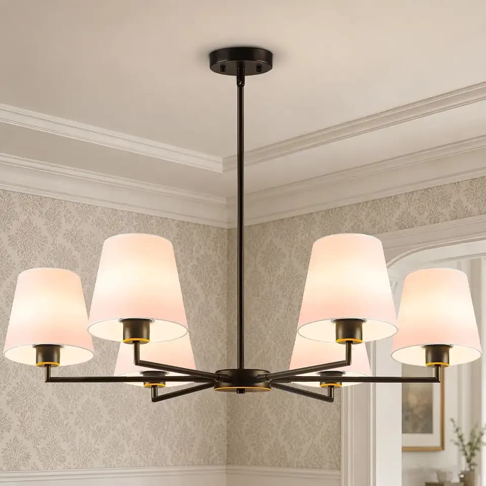 Oil-Rubbed Bronze Chandeliers for Dining Room, 36" 6 Light No Assembly Required Antique Modern Chandelier Light Fixture with White Fabric Shade, Classic Kitchen Pendant Lights over Table for Bedroom