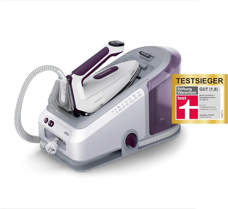 Braun CareStyle 7 IS 7266 VI Dampfbügelstation, FreeGlide 3D Bügelsohle, iCare-, iMode- & Vertikaldampf-Funktion, FastClean, Dampfstoß 550 g/min, Abnehmbarer 2 L Wassertank, 2700 W, Weiss-Violett