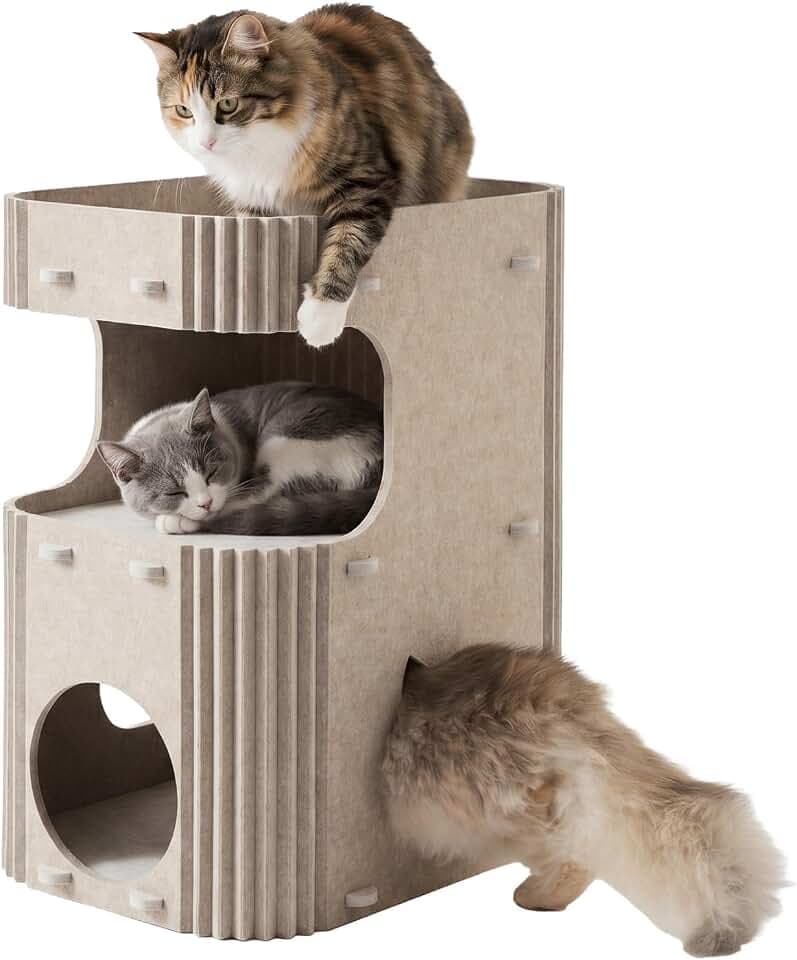 Double-Layer Felt Cat House,Sturdy Cat Cave for Indoor Cats,High-Density Felt Cat House for Play and Rest,All-Season Cozy Sleeping Nest for Large Cats & Kittens(Cream)