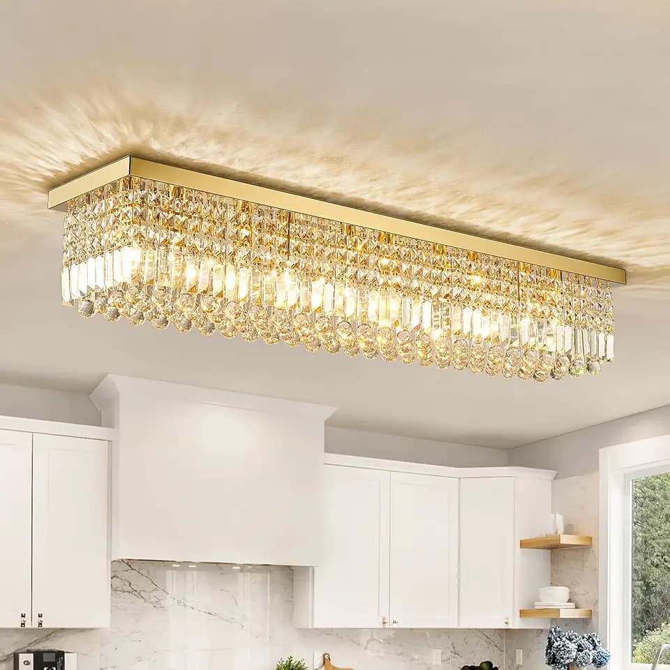 Siljoy 12-Light Modern Rectangular Gold Crystal Chandelier Flush Mount 47''