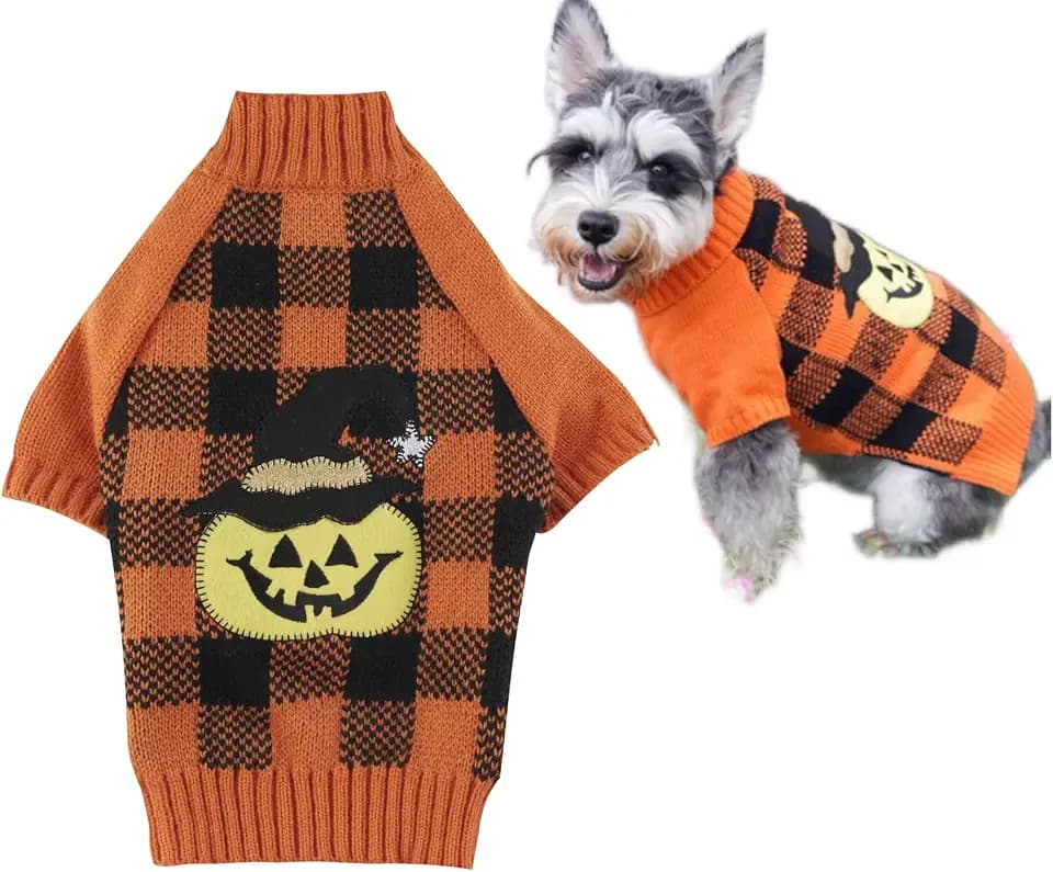 Lanyarco Orange Black Plaid Halloween Dog Sweater, Fall Thanksgiving Pet Costume Pumpkin Dog Sweaters for Dogs Male Female Girl, Medium M Size 14" Back