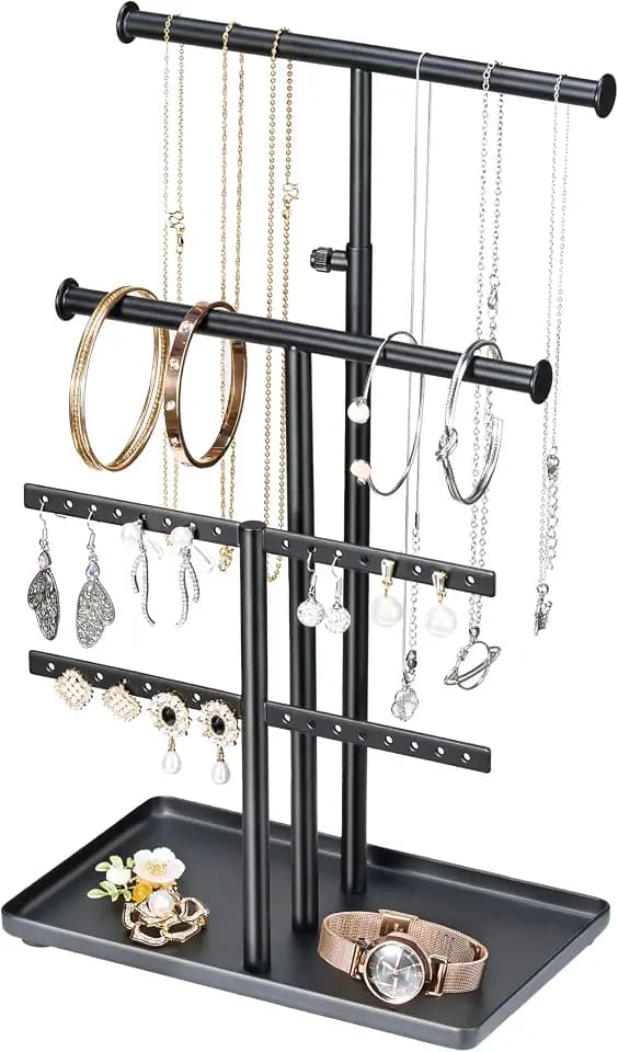 Josmimic Schmuckständer Kettenhalter Schmuck Halterung: Großes Fassungsvermögen, Verstellbarer Halskettenhalter – Stabile Schmuckaufbewahrung für Ohrringe, Armbänder, Uhren, Schwarz