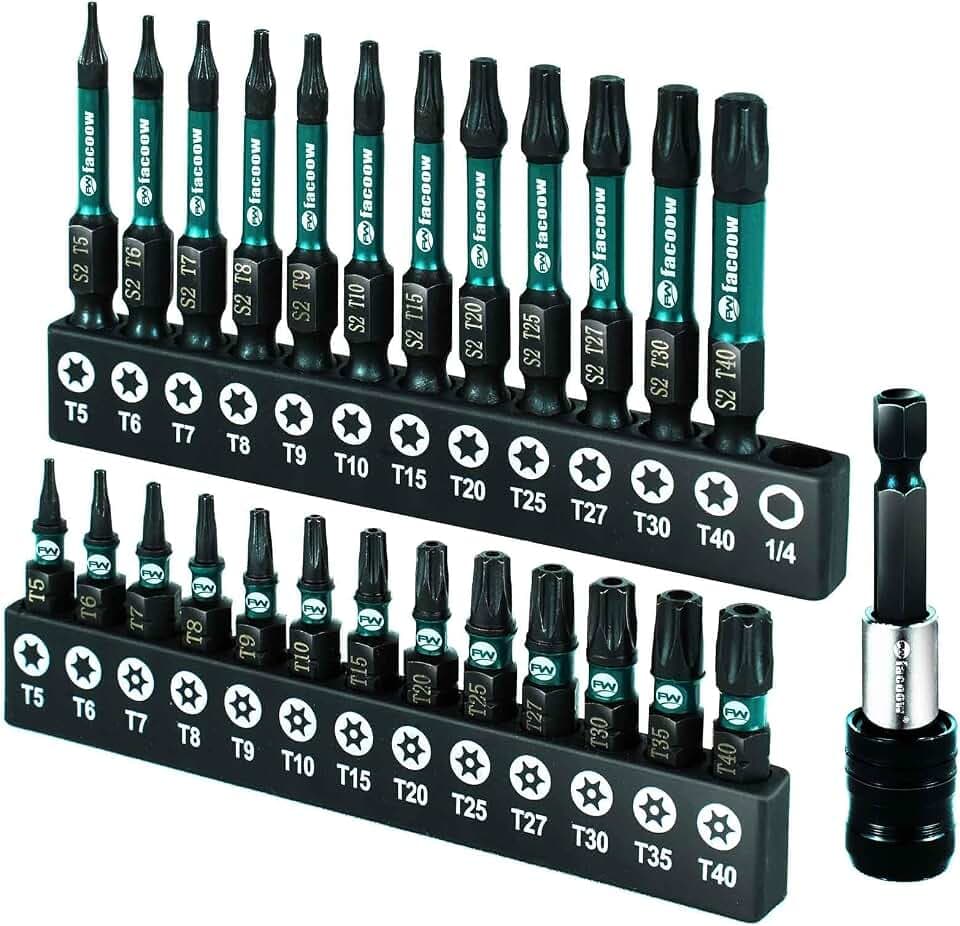 Facoow Torx-Set (T5-T40), 26-teiliges magnetisches Sicherheits-Torx-Stern-Set, S2-Stahllegierung, 2,5 cm und 5,1 cm langes Schlagdrehmoment