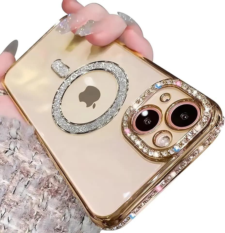 Glitzer Hülle für iPhone 15 Pro [Kompatibel mit Mag-Safe] Transparent Handyhülle mit Bling Sparkly Diamant für Mädchen Magnetische Schutzhülle Weiche TPU Bumper Stoßfest Case, Gold