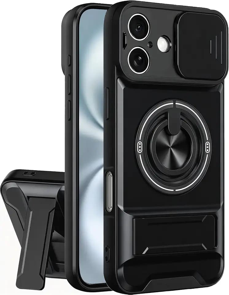 Dssairo for iPhone 16 case with 360°Rotation Magnetic Ring Compatible with MagSafe Slide Camera Cover Foldable Stand Military-Grade Shockproof Protective case (Black, iPhone 16)