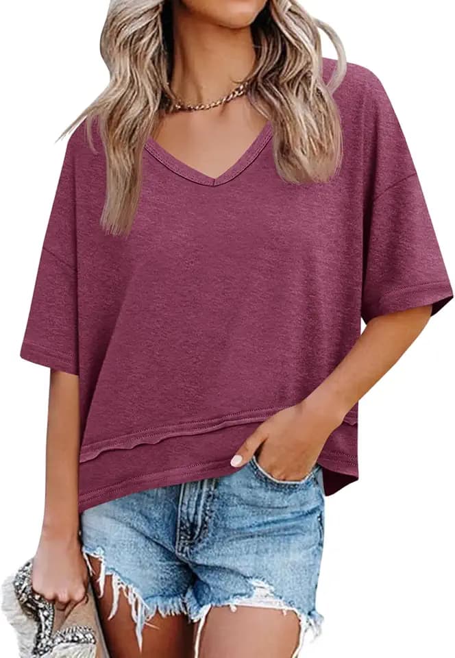 Cicy Bell Womens Summer V Neck T Shirts Loose Fit Oversized Casual Tops