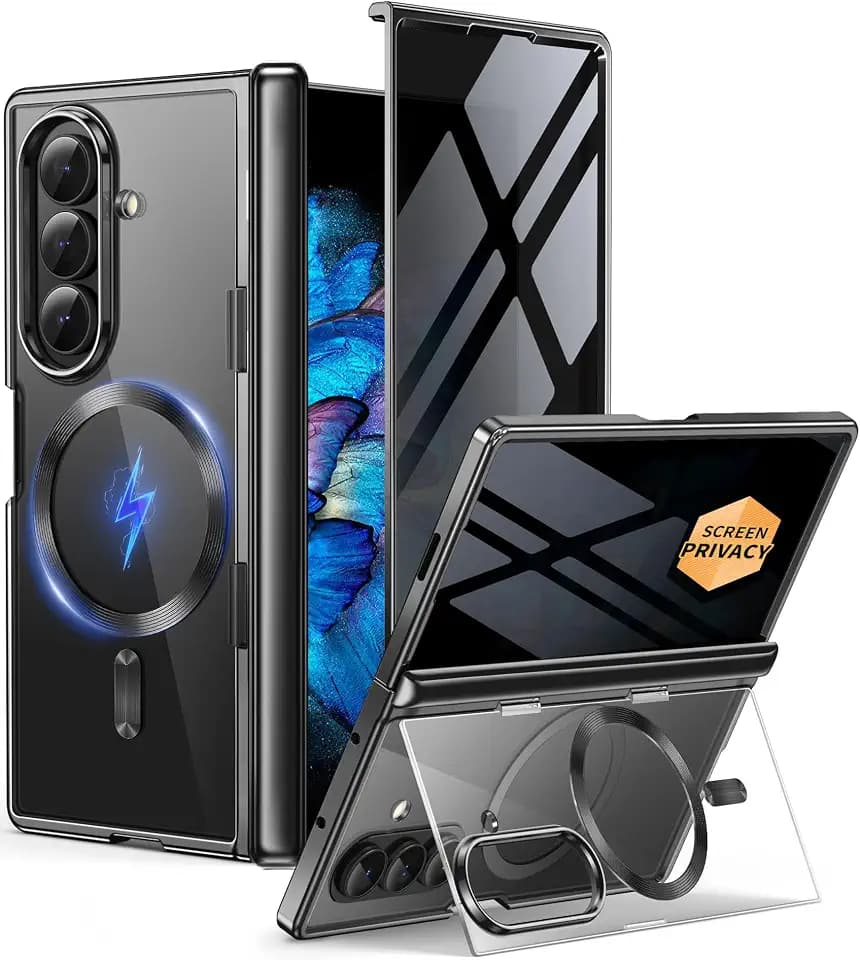 BERFY for Z Fold 7 Case with Privacy Screen Protector, [Compatible with Magsafe][Hidden Kickstand] Clear Plating Design Full-Body Slim Shockproof Hard Phone Case for Samsung Galaxy Z Fold 7, Black
