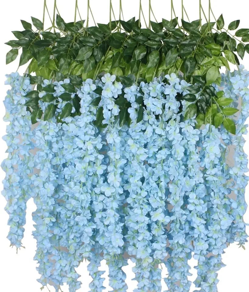 OUKEYI 12 Pcs Artificial Wisteria Flowers Garland, 3.6 FT Silk Fake Flowers Hanging Vine for Indoor Outdoor Home Garden Christmas Wedding Party Decoration (Sky Blue)