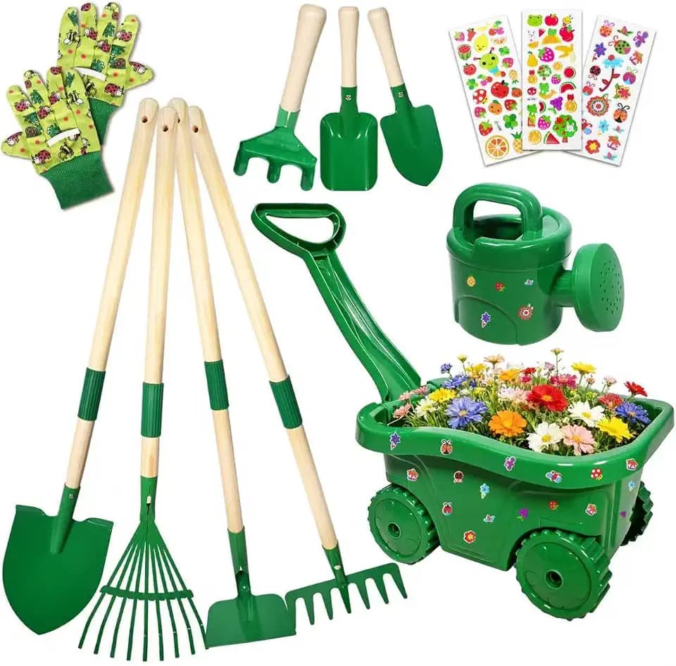 Schubkarre für Kinder, 13 Gartenwerkzeug Set für Kinder, Gartenset mit Schubkarre Kind, Kinderschubkarre mit Schaufel, Rechen, Gießkanne, Handschuhe, Sticker, Gartengeräte Garten (Grün)