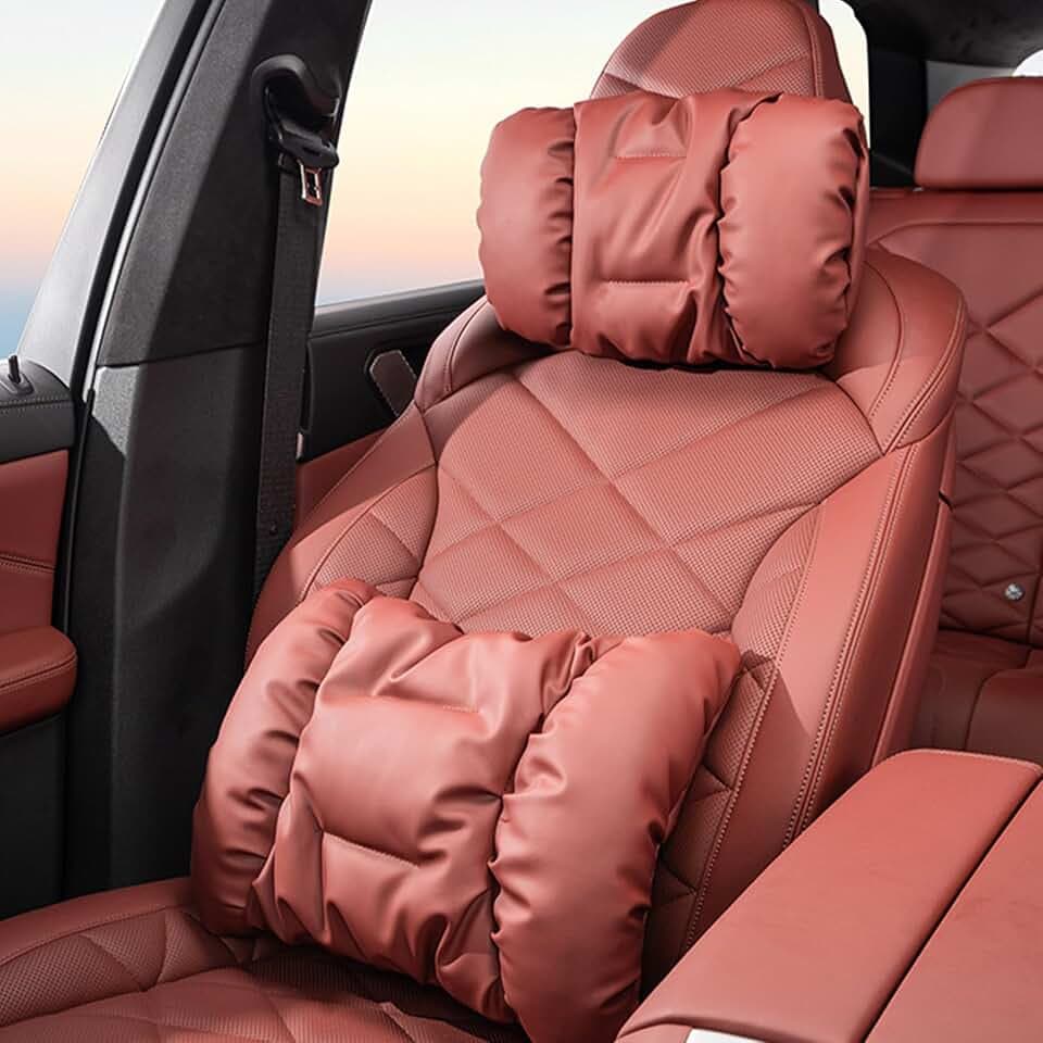 2 Pack 2025 Skin-Friendly Leather Neck Headrest for BMW New X3 X5 X2 X4 X1 X6 3 Series,3 4 5 Series IX Car Neck Pillow Anti Soiling Bubble Cotton (Red-bm-2)