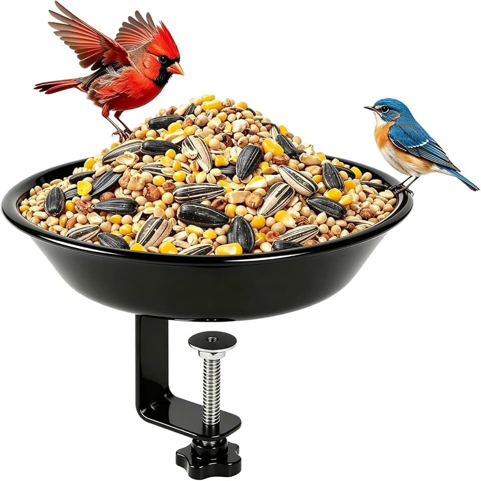 BOLITE Balcony Bird Feeder for Deck Railing, Mounted with Seed Tray, Black