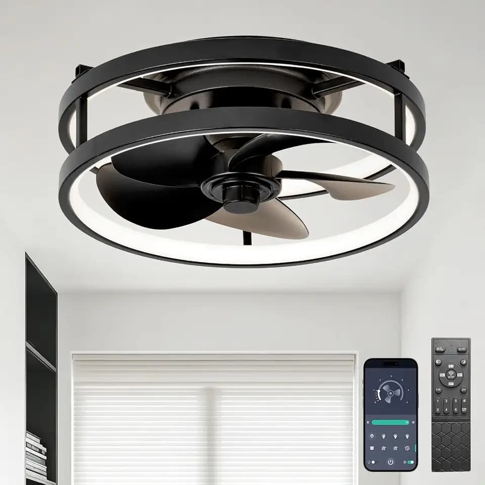 13" Small Low Profile Ceiling Fan with Light, Remote,Black