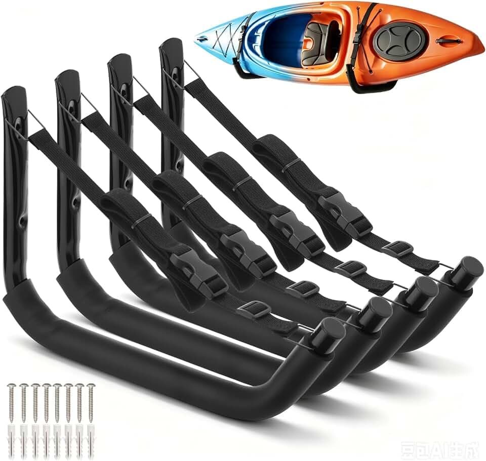 Heavy Duty Kayak Wall Rack for Garage, Kayak Storage Hanger with EVA Foam Padding, Indoor Outdoor Wall Mount Rack for Kayaks, Canoes, SUP, and Surfboards, Space Saving Kayak Holder (Black with Straps)
