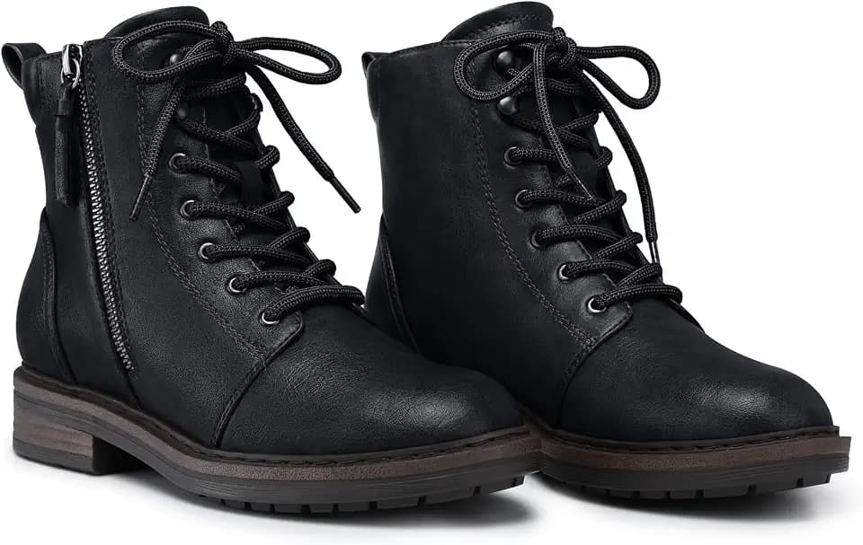 SHIBEVER Ankle Boots for Women Comfortable: Lace-up Flat Combat Boots Fall