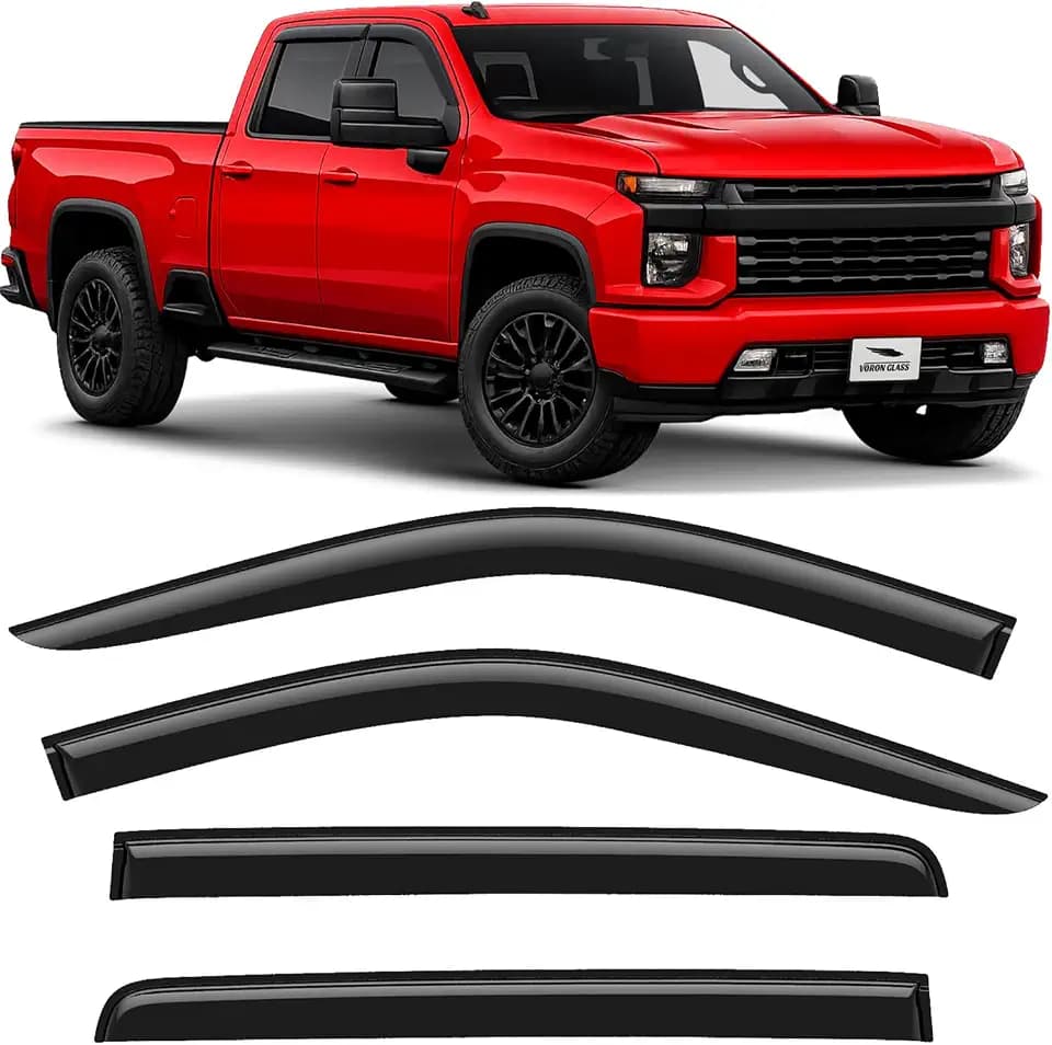Voron Glass Tape-on Extra Durable Rain Guards for Trucks Chevrolet (Chevy) Silverado/GMC Sierra 2500HD, 3500HD 2020-2026 Crew Cab, Window Deflectors, Vent Window Visors, 4 Pieces - 120086v2
