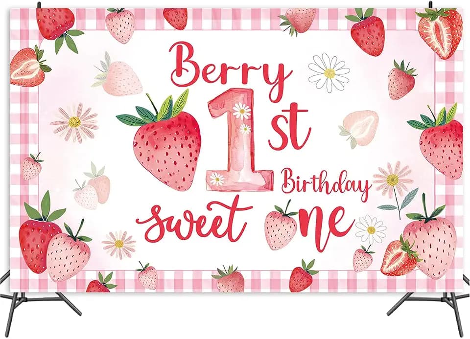 Pink Strawberry Theme Birthday Party Decorations, Berry First Birthday Supplies Backdrop，Sweet One Birthday Supplies Backdrop for Kids Strawberry Birthday Party Supplies 5FT*3FT