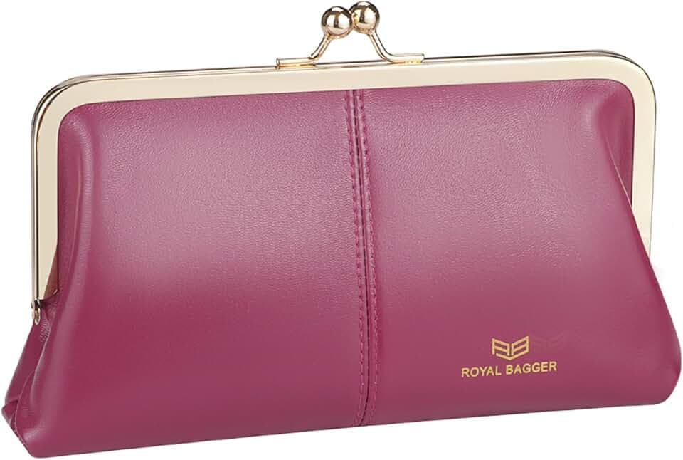 Royal Bagger RFID Kiss Lock Wallet, Solid Color Multi-card Slots Card Holder, Genuine Cow Leather Clutch Purses for Women 1468 (Rose (2468))