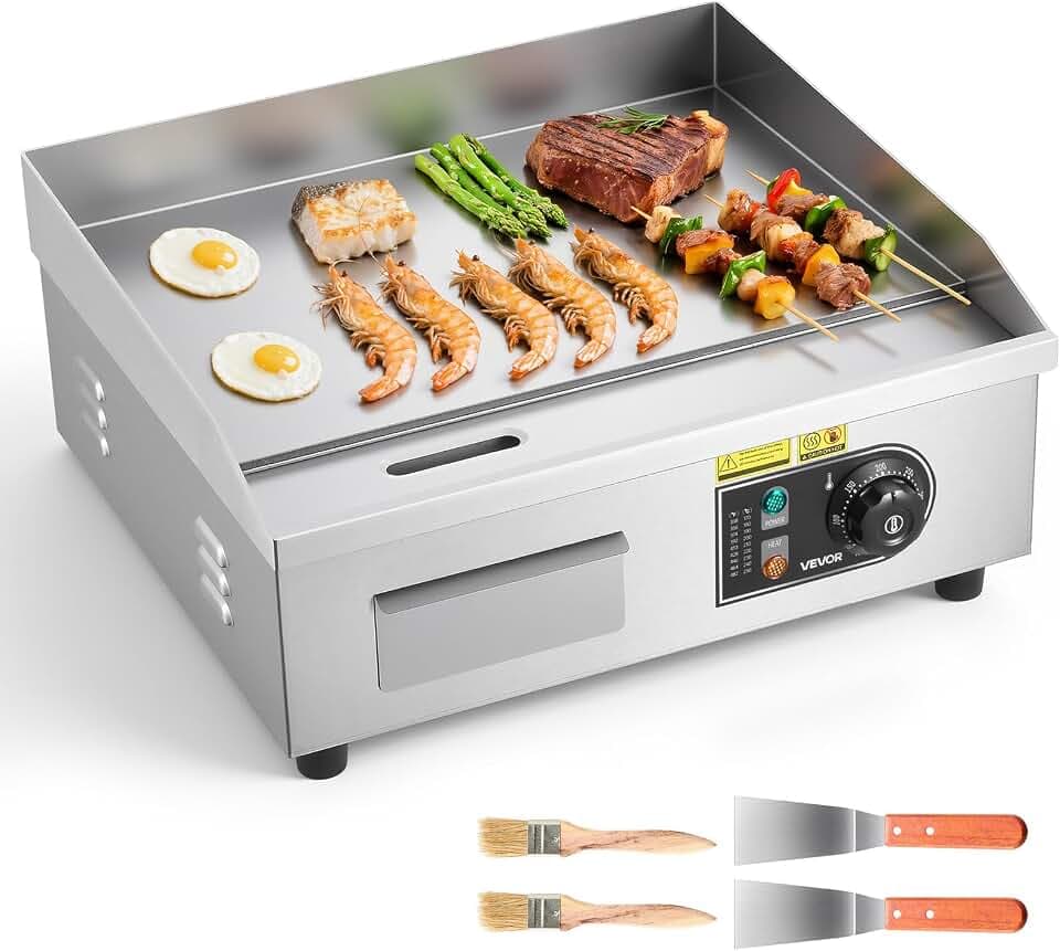 VEVOR Kommerzielle Grillplatte Elektrisch, Bratplatte Elektrogrill, Tischgrillplatte 50–300 °C mit 2 Spateln, 2 Bürsten und 4 Fußpolstern, Griddleplatte für Steaks Pfannkuchen