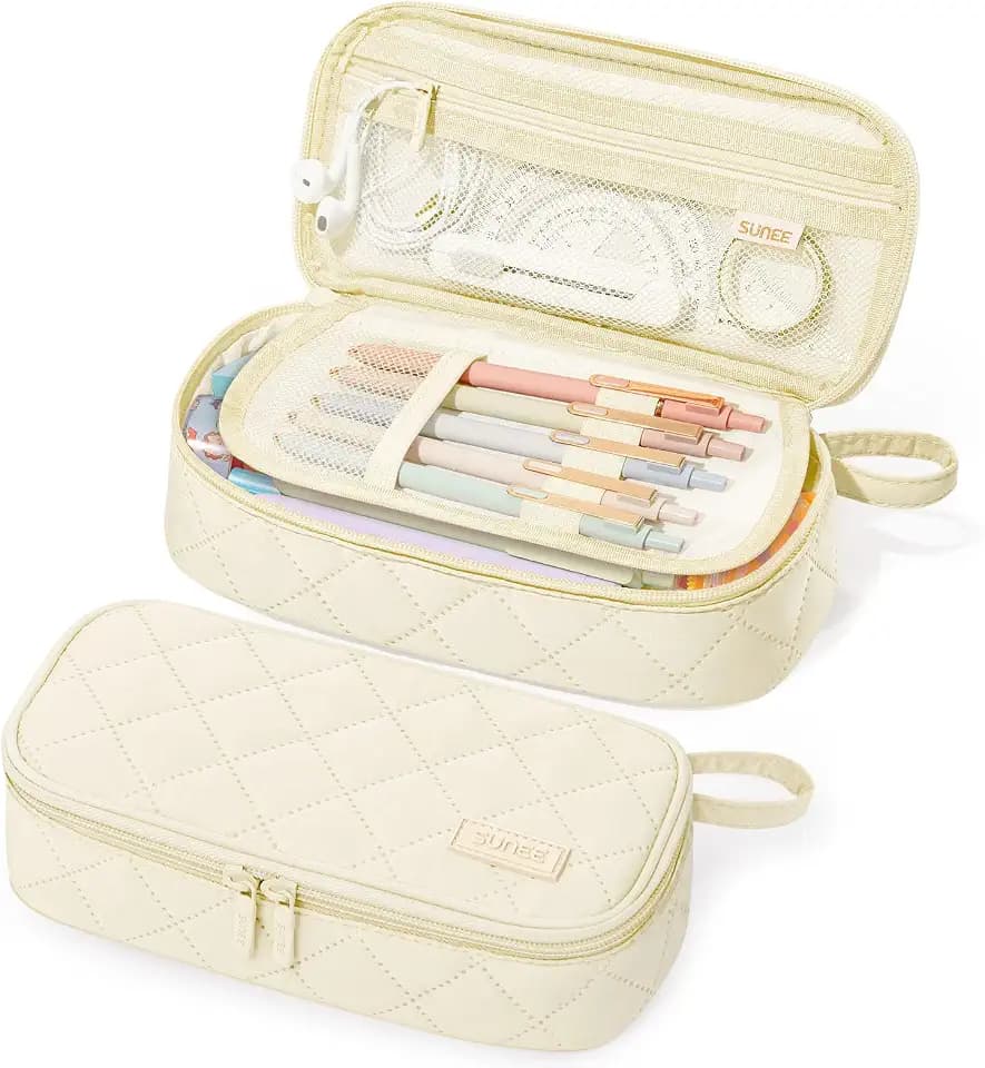 SUNEE Cute Pencil Case, Large Capacity Pencil Pouch Aesthetic Zipper Pencil Bag, Big Storage Pen Organizer for Stationery, Soft Quilted Pencil Box Back to School Supplies for Teen Girls Boys, Cream
