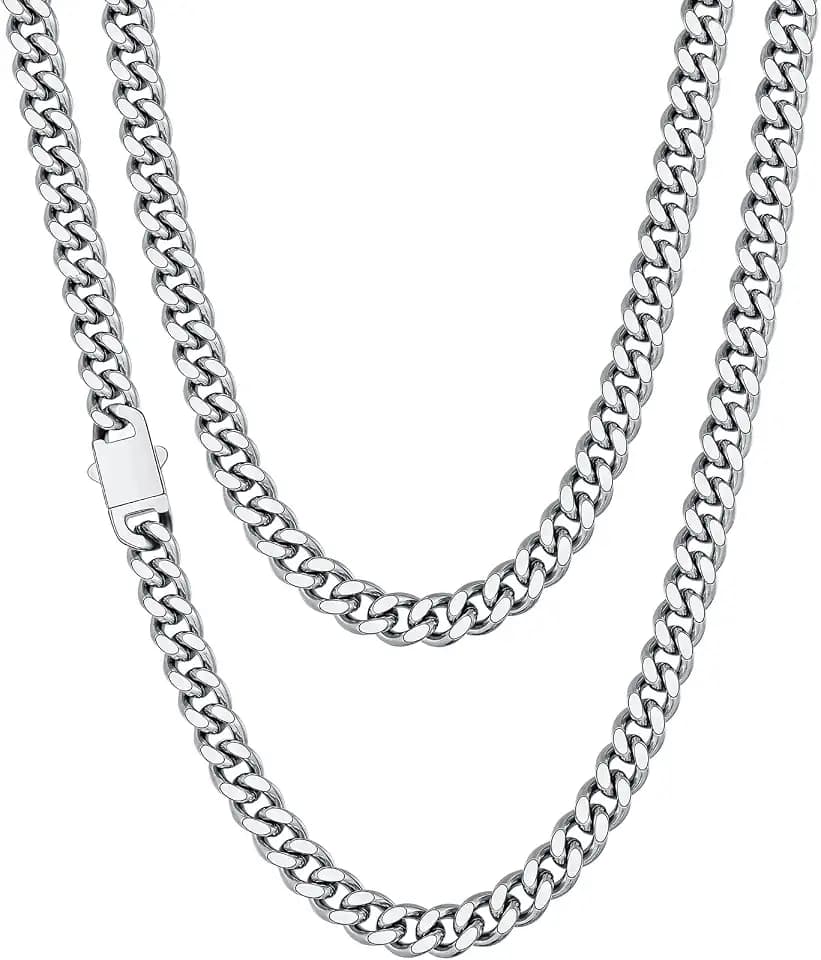 Fiusem Silver Tone/Black/14K Gold Plated Chain Necklace for Men, 5mm/6mm/7.5mm/8mm/9mm Stainless Steel Cuban Link Chain Necklace, Men's Chains 18-28 Inch Jewelry Gifts