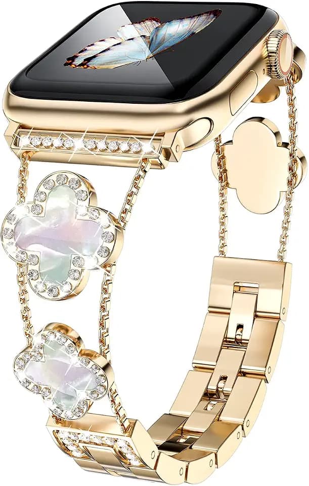 Musk-MSKR Diamond Metal Bands Add Sparkle to Your Watch For Apple Watch Series 11/10/9/8/7/6/5/4/3/2/SE/Ultra Clover Simple and Stylish Compatible with 38mm40mm41mm42mm44mm45mm 46mm49mm Women's Wear