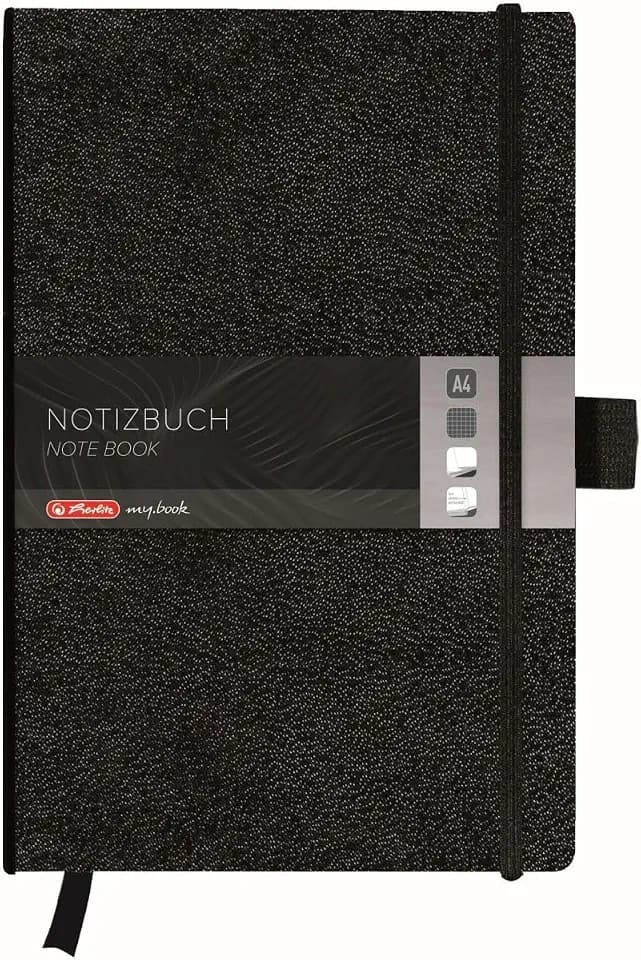 Herlitz Notizbuch Classic schwarz, A4, kariert, 96 Blatt, mit Leseband und Falttasche, 1 Stück