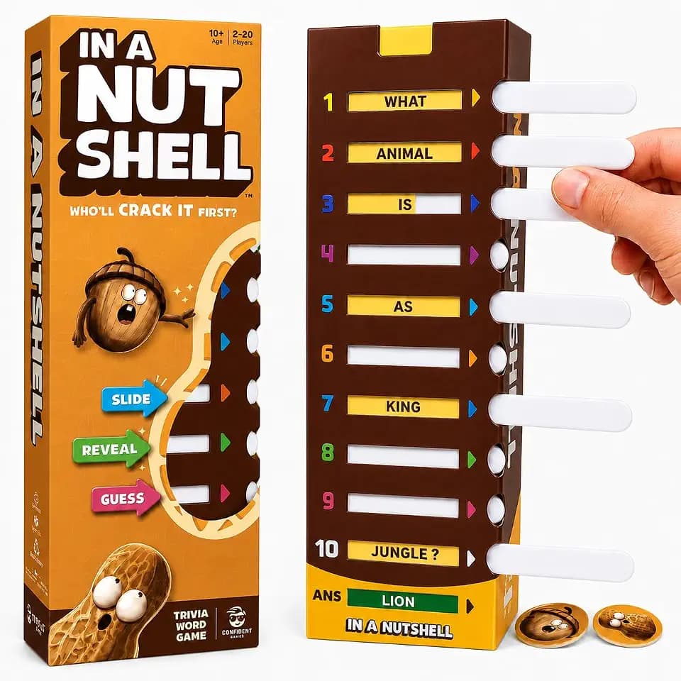 Confident Games in A Nutshell: Slide & Reveal Word Guessing Board Game with 450+ Questions - Fun Family Party Game for Kids & Adults, Ages 10+, 2-20 Players, 20 Minute Playtime