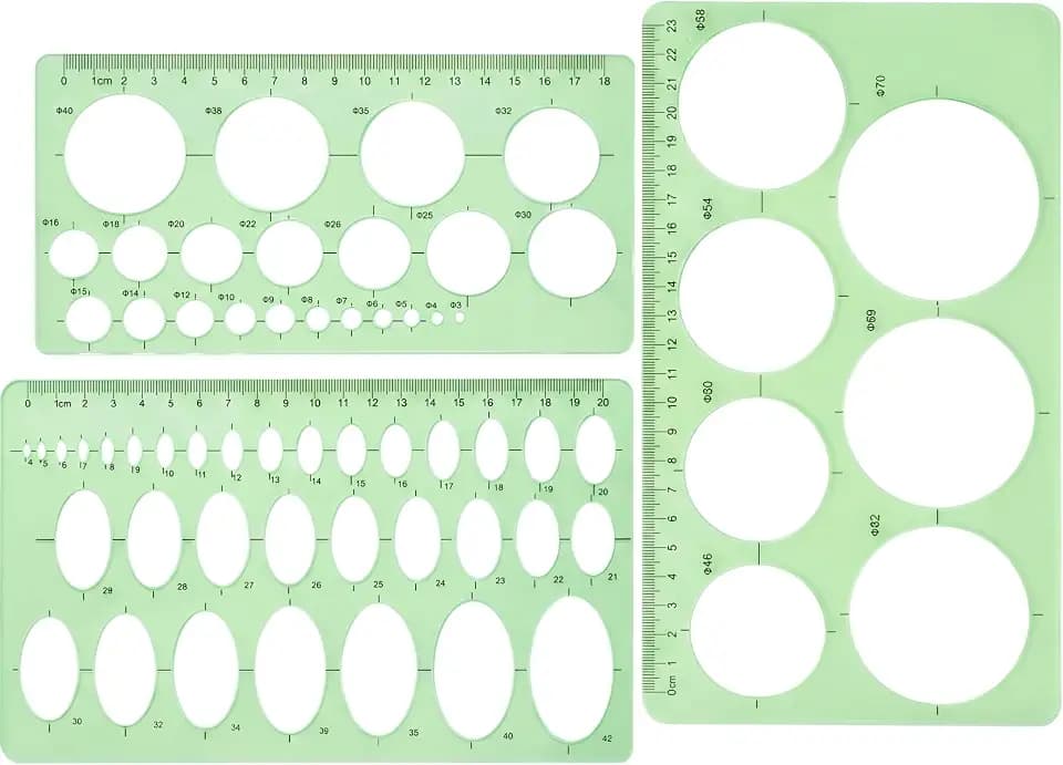 Lineale mit Kreisschablonen - 3 Stück, Kunststoff,  kreisförmige und ovale Schablonen, Messschablonen,  für Büro und Schule, für Gebäude-, Schalungszeichnungsvorlagen   Grün/transparent