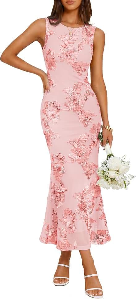 ZESICA Women's Floral Mesh Slit Bodycon Wedding Guest Cocktail Midi Dress