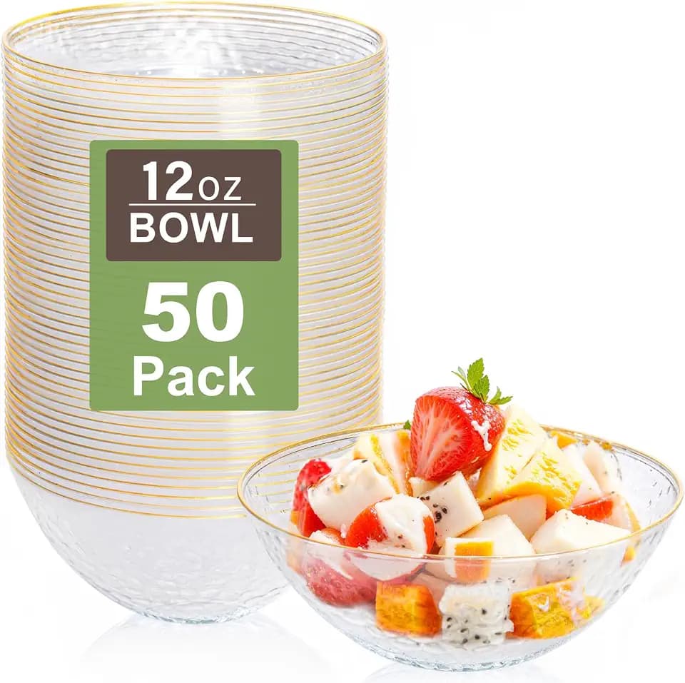 Rubtlamp 50 Pack Clear Disposable Bowls, Clear Plastic Bowls with Gold Rim, 12-16oz Premium Heavy Duty Plastic Hammered soup Bowls for Milk Cereals, Snacks, Salads
