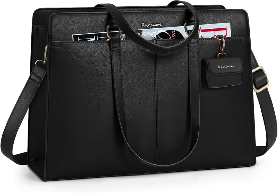 RAINSMORE Laptoptasche Damen 15,6 Zoll Handtasche wasserdichte PU Leder Arbeitstasche Shopper Business Taschen Büro Arbeit Schule Aktentasche Schwarz
