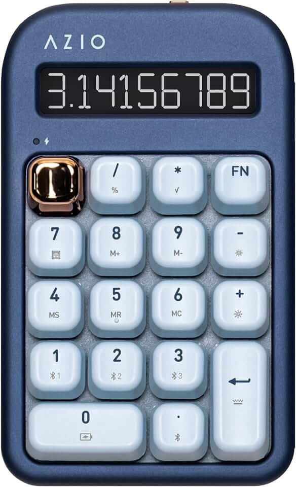 AZIO IZO Wireless Mechanical Calculator & Number Pad - Bluetooth 5.0 & USB, Gateron-Blue Mechanical Switch, 9 Backlight Modes, Rechargeable, PC & Mac Compatible, Blue Iris (IN105)