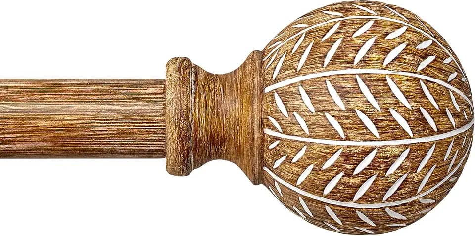 QDWIS Wood Curtain Rods for Windows 48 to 84 Inch,1'' Diameter Drapery Rods with Imitation Wood Grain Leaf Pattern Finials,Boho Adjustable Heavy Duty Curtain Rods Set,36-88'',Color:Natural Wood