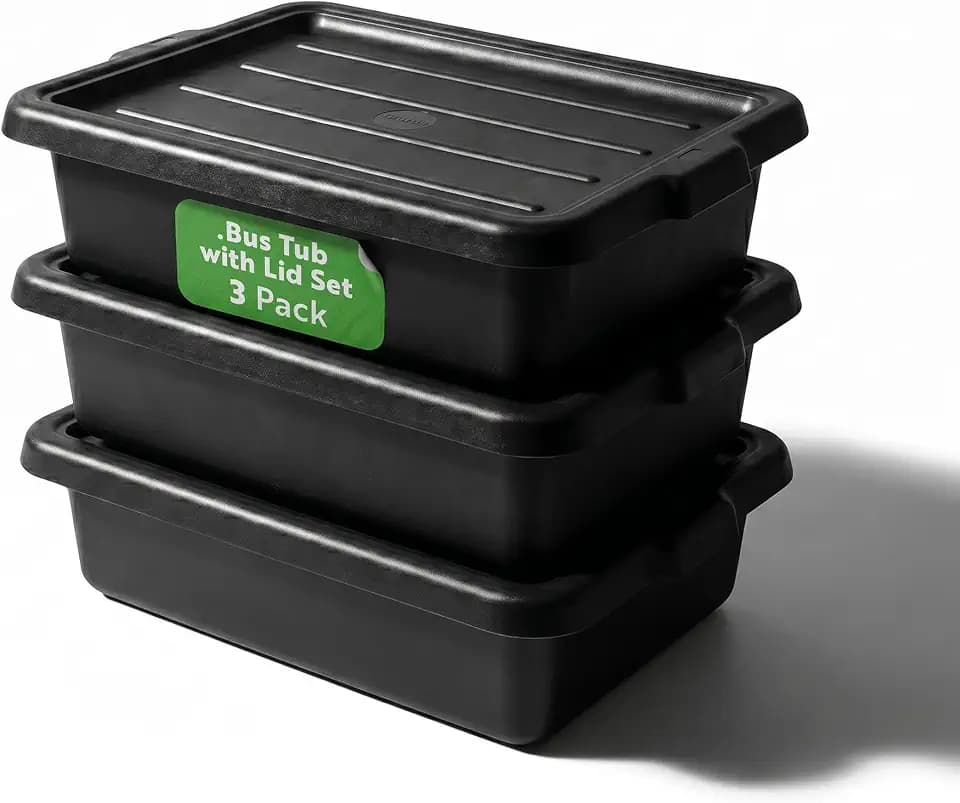 Restaurantware Black Plastic Bus Tub and Lid Set, 3 Pack