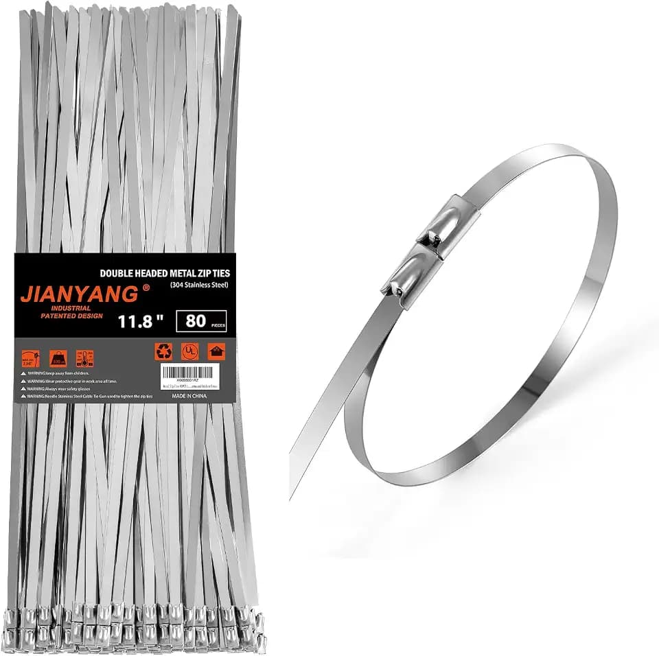 Metal Zip Ties 11.8 Inch 304 Stainless Steel Zip Ties Multi-Purpose Self-Locking Double Headed Heavy Duty Cable Ties 300LBS for Exhaust Wrap, Machinery, Vehicles, Farms and Outdoor Fence （80 Pack）