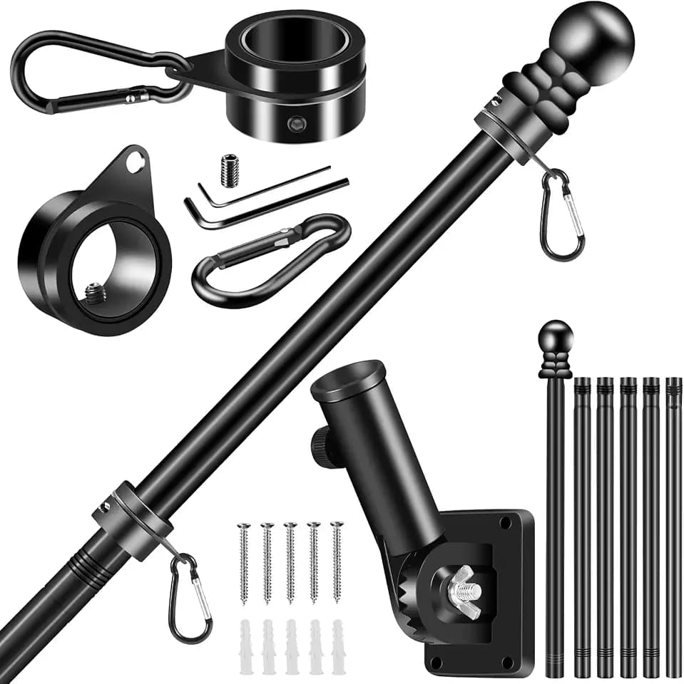 BONWIN Black Flagpole Kits for Outside House, 7 FT Thickened Stainless Steel Porch Wall Flag Pole for 3x5'/4x6' Flag, 1" Anti-Wrap Spinning Flagpole Ring, 180° Adjustable Multi-Position Bracket Holder
