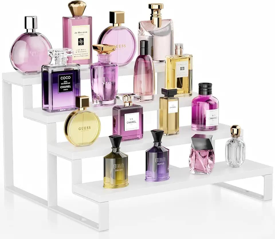 White Wood Cologne Organizer for Men Women,4 Tier Perfume Stand for Dresser Waterproof Cologne Stand with Anti-Slip pads for Party,Makeup,Figures,Cupcake,Perfume,Display Risers Stand Organizer