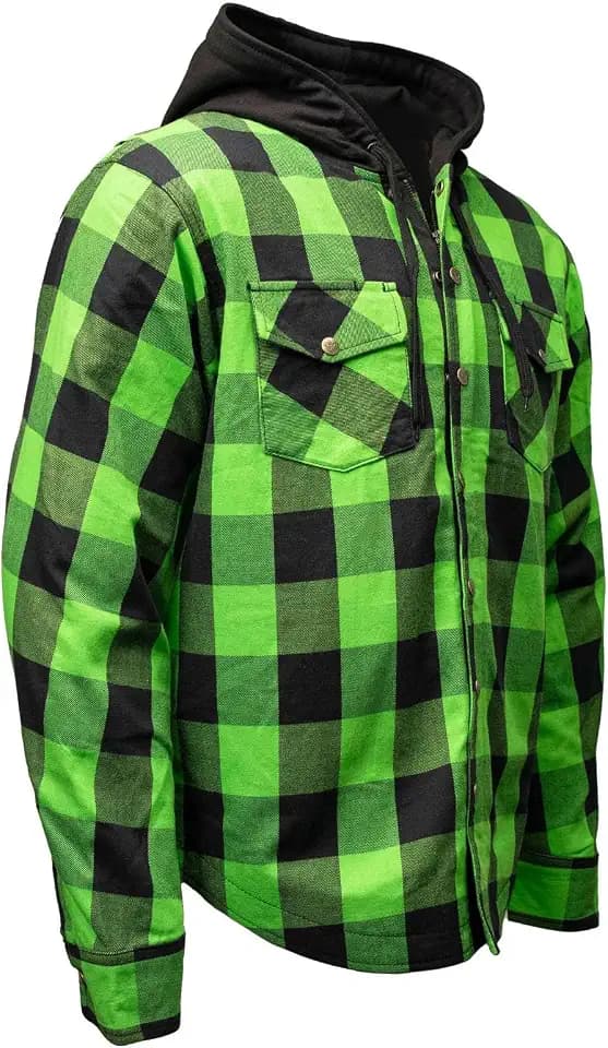Milwaukee Leather Men's Hooded Flannel Motorcycle Shirt w/CE Approved Armor - Reinforced w/Aramid Fibers